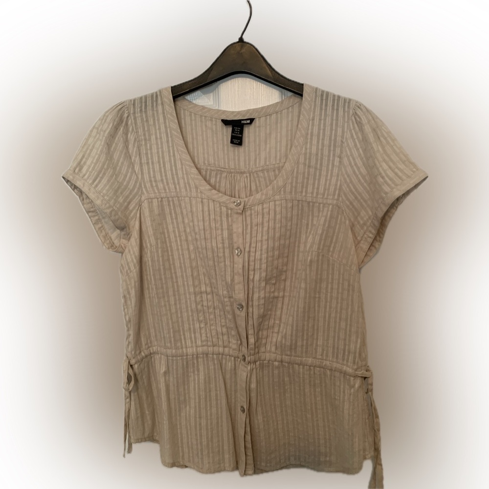 H&M linen beige summer button down shirt top with tie cinch waist | LG